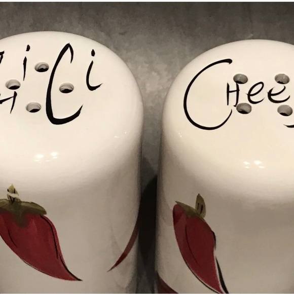 Kitchen Prep 201 Chili and Cheese (White w/Red Chili Peppers) Ceramic Shakers. - Picture 5 of 6